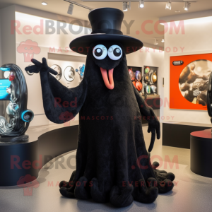 Black Fried Calamari mascot costume character dressed with a Dress and Hat pins