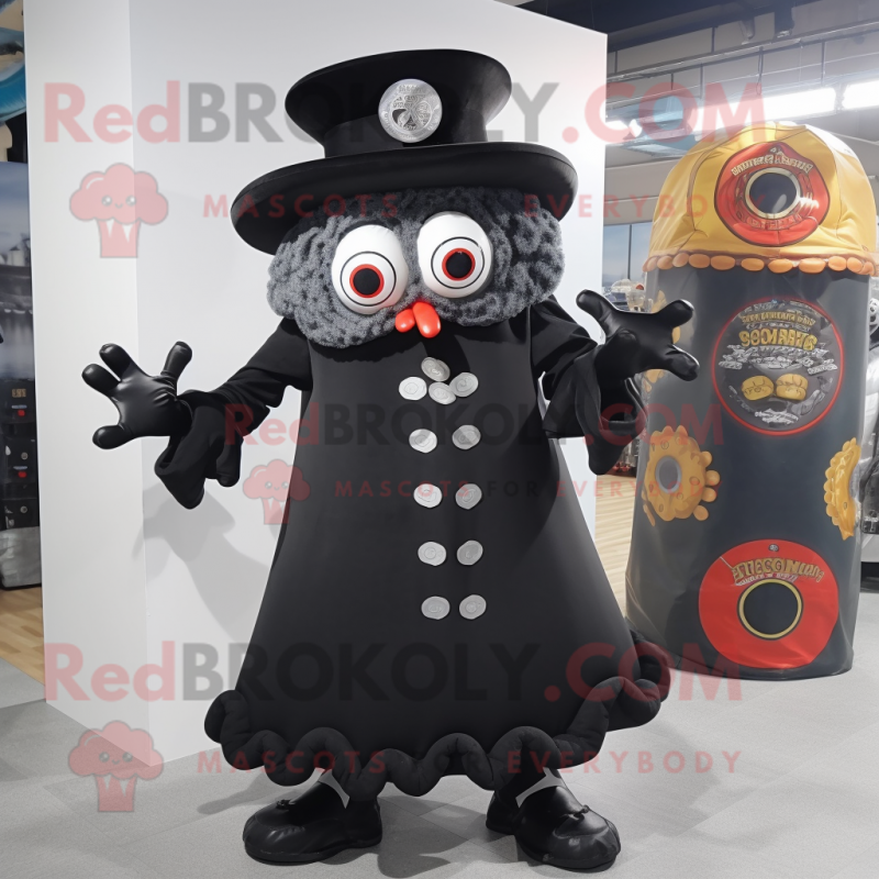 Black Fried Calamari mascot costume character dressed with a Dress and Hat pins