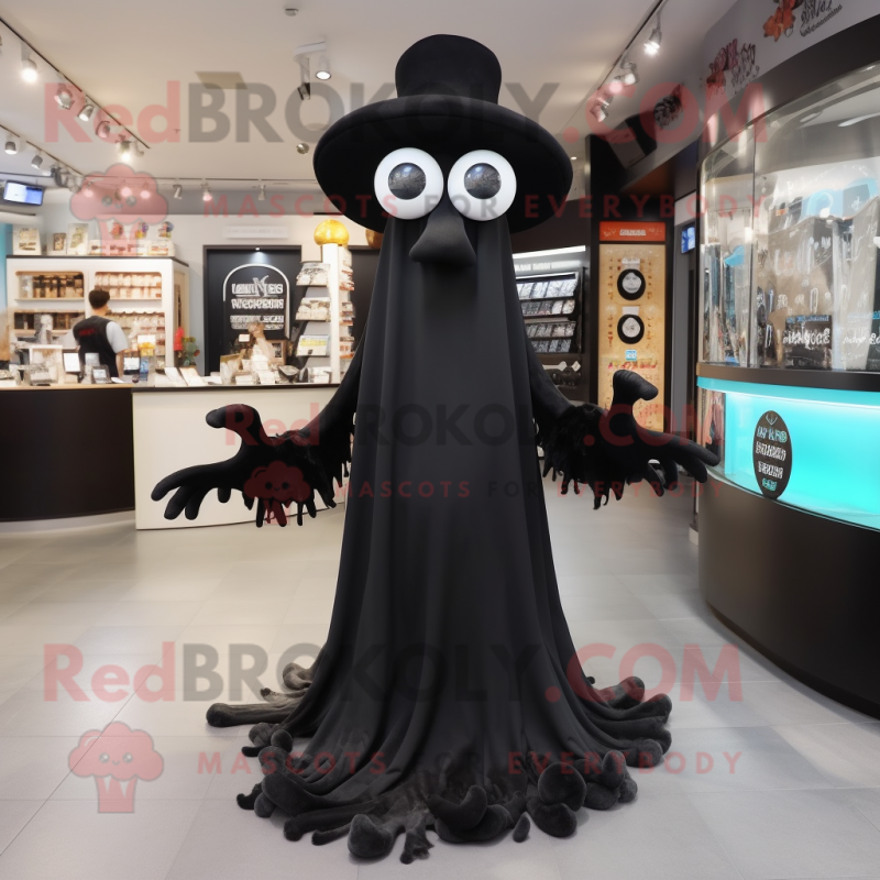 Black Fried Calamari mascot costume character dressed with a Dress and Hat pins