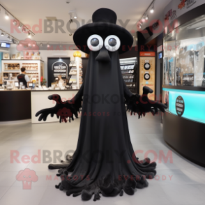 Black Fried Calamari mascot costume character dressed with a Dress and Hat pins