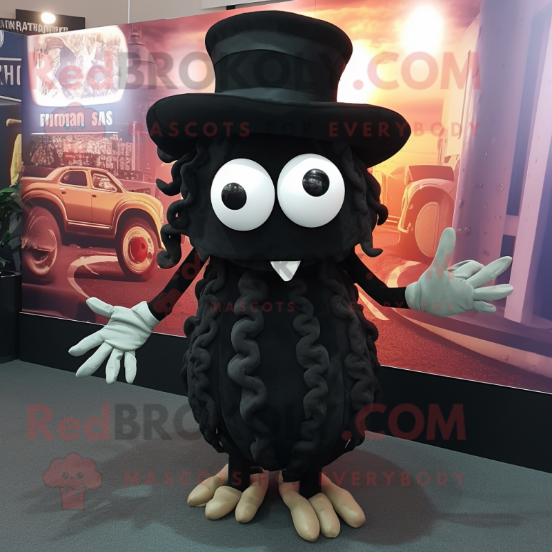 Black Fried Calamari mascot costume character dressed with a Dress and Hat pins