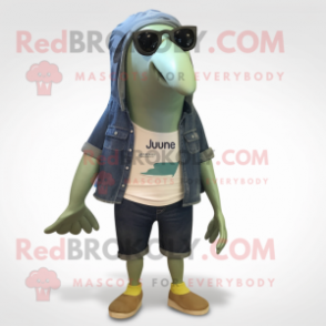 Olive Humpback Whale mascot costume character dressed with a Denim Shorts and Eyeglasses