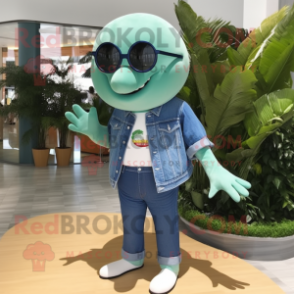 Olive Humpback Whale mascot costume character dressed with a Denim Shorts and Eyeglasses