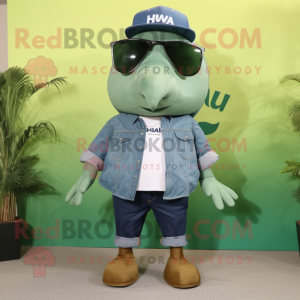 Olive Humpback Whale mascot costume character dressed with a Denim Shorts and Eyeglasses