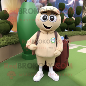 Beige Golf Ball mascot costume character dressed with a Sweatshirt and Backpacks