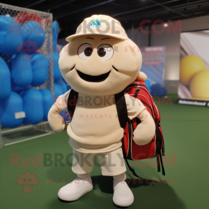Beige Golf Ball mascot costume character dressed with a Sweatshirt and Backpacks