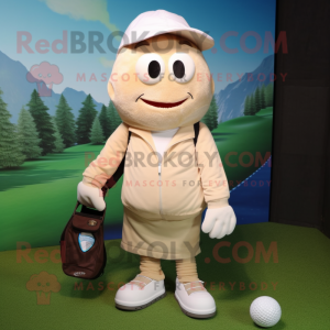 Beige Golf Ball mascot costume character dressed with a Sweatshirt and Backpacks