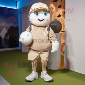 Beige Golf Ball mascot costume character dressed with a Sweatshirt and Backpacks