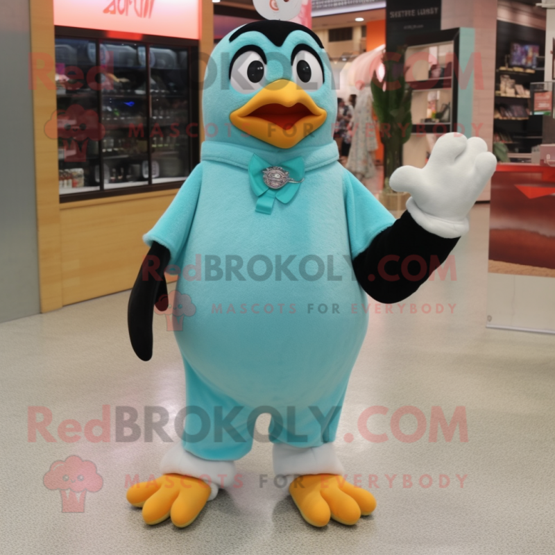 Turquoise Penguin mascot costume character dressed with a Blouse and Shoe clips