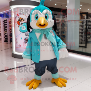 Turquoise Penguin mascot costume character dressed with a Blouse and Shoe clips