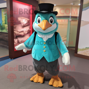 Turquoise Penguin mascot costume character dressed with a Blouse and Shoe clips