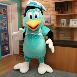 Turquoise Penguin mascot costume character dressed with a Blouse and Shoe clips