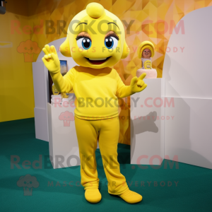 Yellow Mermaid mascot costume character dressed with a Sweatshirt and Foot pads