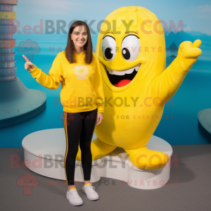 Yellow Mermaid mascot costume character dressed with a Sweatshirt and Foot pads