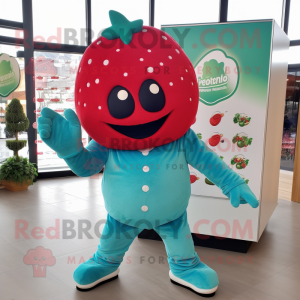 Teal Strawberry mascot costume character dressed with a Long Sleeve Tee and Gloves