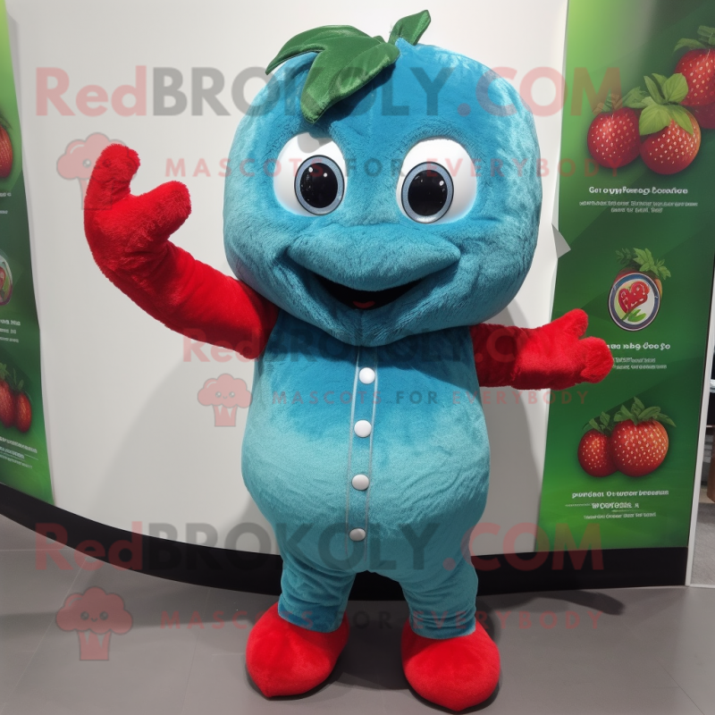 Teal Strawberry mascot costume character dressed with a Long Sleeve Tee and Gloves Teal Strawberry mascot costume character dressed with a Long Sleeve Tee and Gloves