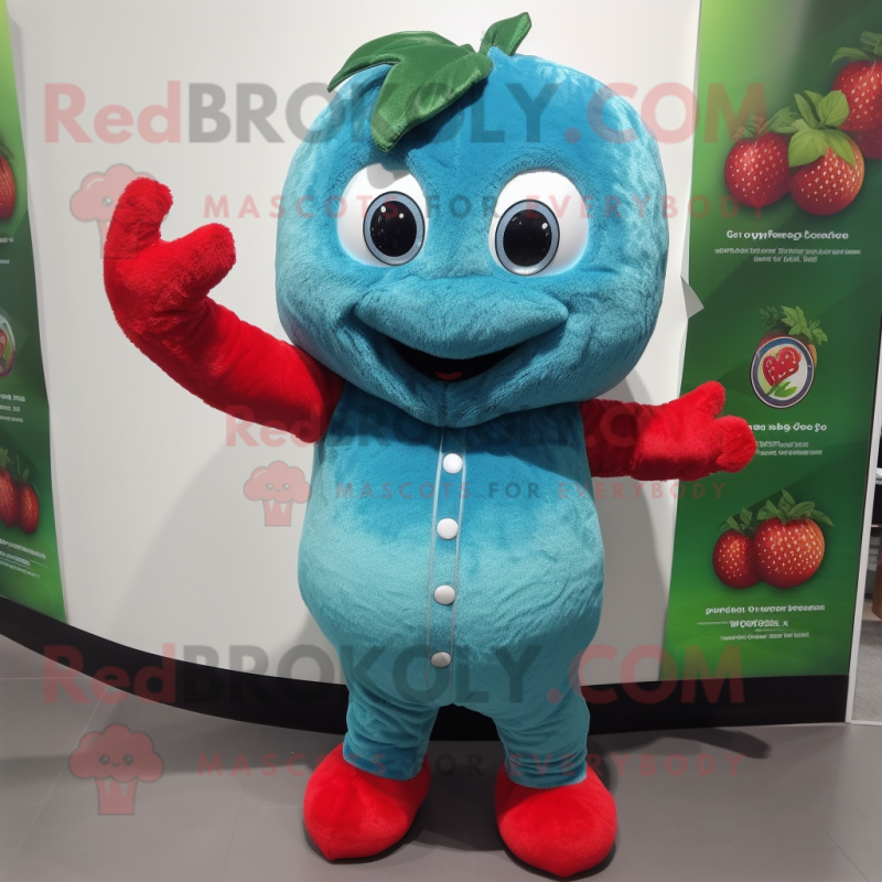 Teal Strawberry mascot costume character dressed with a Long Sleeve Tee and Gloves