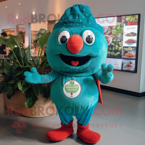 Teal Strawberry mascot costume character dressed with a Long Sleeve Tee and Gloves