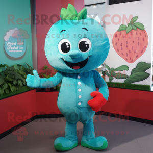 Teal Strawberry mascot costume character dressed with a Long Sleeve Tee and Gloves