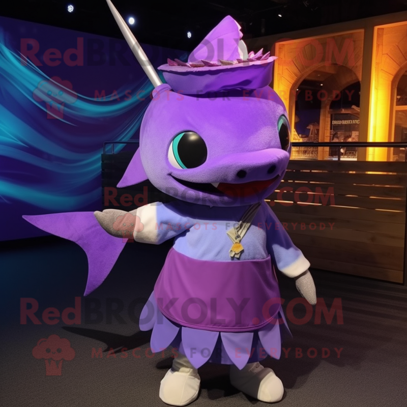 Purple Swordfish mascot costume character dressed with a Skirt and Headbands