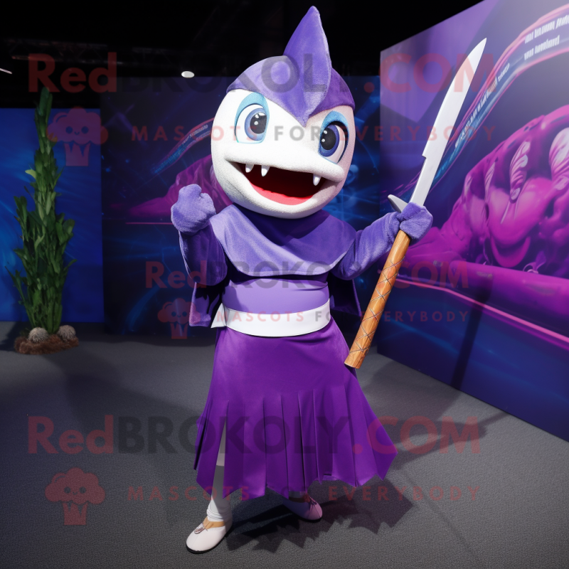 Purple Swordfish mascot costume character dressed with a Skirt and Headbands