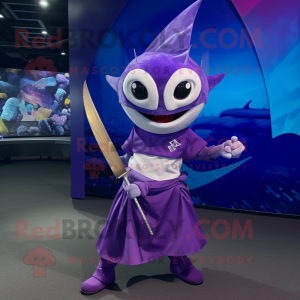 Purple Swordfish mascot costume character dressed with a Skirt and Headbands