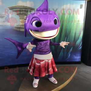 Purple Swordfish mascot costume character dressed with a Skirt and Headbands