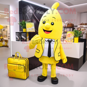 Lemon Yellow French Fries mascot costume character dressed with a Suit and Handbags