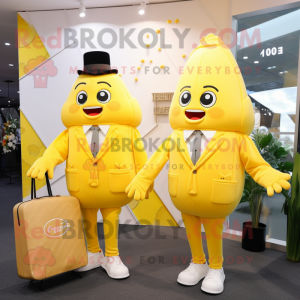 Lemon Yellow French Fries mascot costume character dressed with a Suit and Handbags