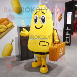 Lemon Yellow French Fries mascot costume character dressed with a Suit and Handbags