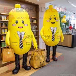 Lemon Yellow French Fries mascot costume character dressed with a Suit and Handbags