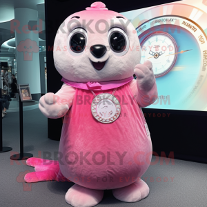 Pink Seal mascot costume character dressed with a Dress and Bracelet watches