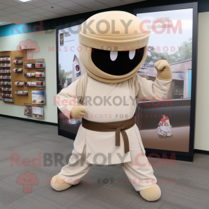 Beige Ninja mascot costume character dressed with a A-Line Dress and Hats