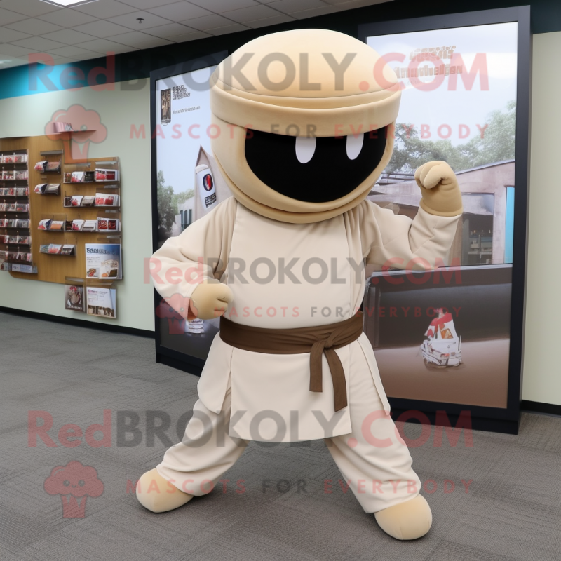 Beige Ninja mascot costume character dressed with a A-Line Dress and Hats Beige Ninja mascot costume character dressed with a A-Line Dress and Hats