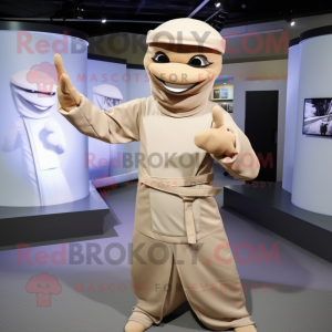 Beige Ninja mascot costume character dressed with a A-Line Dress and Hats