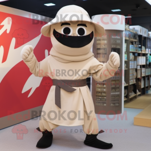 Beige Ninja mascot costume character dressed with a A-Line Dress and Hats