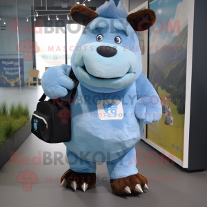 Sky Blue Woolly Rhinoceros mascot costume character dressed with a Polo Tee and Backpacks