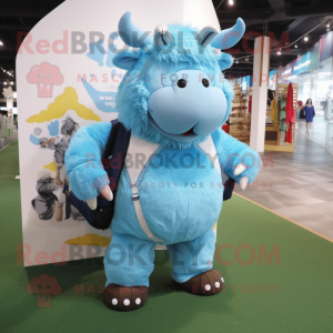 Sky Blue Woolly Rhinoceros mascot costume character dressed with a Polo Tee and Backpacks
