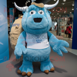 Sky Blue Woolly Rhinoceros mascot costume character dressed with a Polo Tee and Backpacks