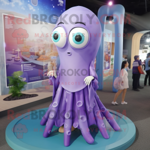 Lavender Squid mascot costume character dressed with a Mini Dress and Earrings