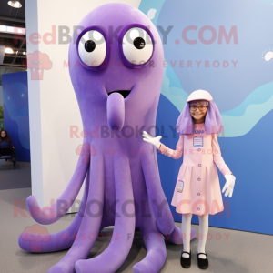 Lavender Squid mascot costume character dressed with a Mini Dress and Earrings