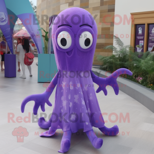 Lavender Squid mascot costume character dressed with a Mini Dress and Earrings