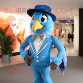 Sky Blue Falcon mascot costume character dressed with a Waistcoat and Caps