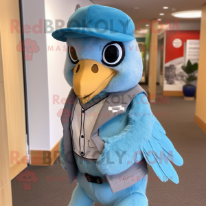 Sky Blue Falcon mascot costume character dressed with a Waistcoat and Caps