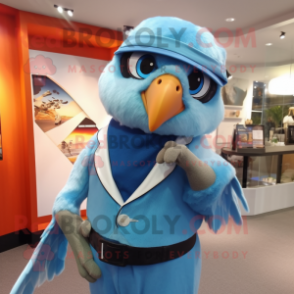 Sky Blue Falcon mascot costume character dressed with a Waistcoat and Caps