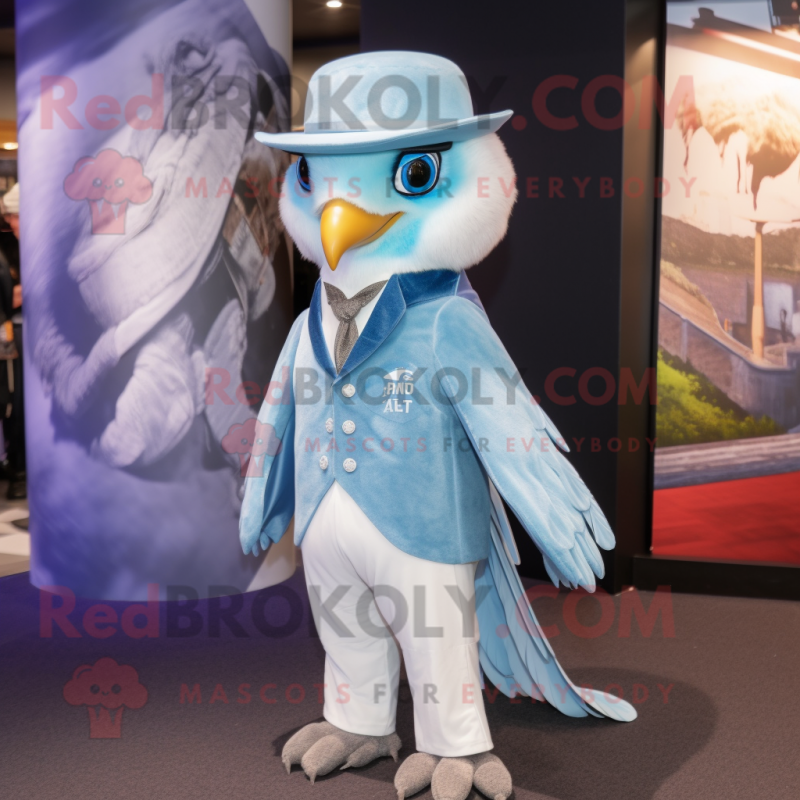 Sky Blue Falcon mascot costume character dressed with a Waistcoat and Caps