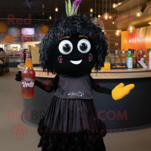 Black Enchiladas mascot costume character dressed with a Cocktail Dress and Scarves