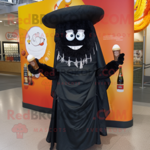 Black Enchiladas mascot costume character dressed with a Cocktail Dress and Scarves