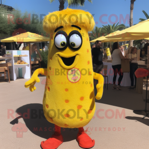 Yellow Paella mascot costume character dressed with a Playsuit and Ties
