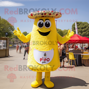 Yellow Paella mascot costume character dressed with a Playsuit and Ties